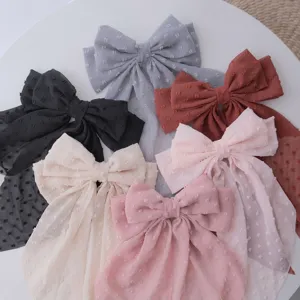 Women Sweet Chiffon Polka Dot Large Bow Hair Clip Long Streamer Spring Clip Elegant Hair Accessory For Back Of Head