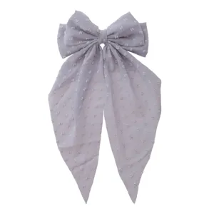 Elegant grey chiffon hair bow with polka dots and long streamers for women
