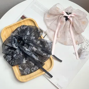 Sweet Chiffon Floral Bow Hair Claw With Long Streamers Rhinestone Elegant Butterfly Shark Clip Hair Accessories For Women