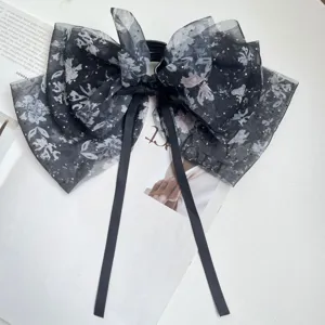 Elegant multi-layered chiffon floral bow hair clip with rhinestones and long ribbons