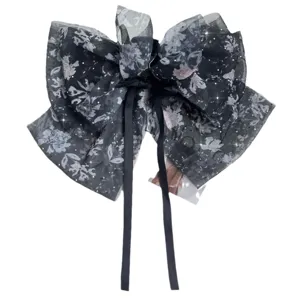 Elegant floral chiffon bow hair clip with sparkling rhinestones and long ribbons for women