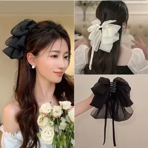 French Style Chiffon Mesh Bowknot Hair Claw Clip For Women High Cranial Top Sweet Elegant Layered Ribbon Hairpin