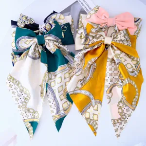 Elegant Large Satin Bow Hair Clip For Women Long Streamer Hairpin Retro Chain Floral Print Spring Clip Fashion Hair Accessories