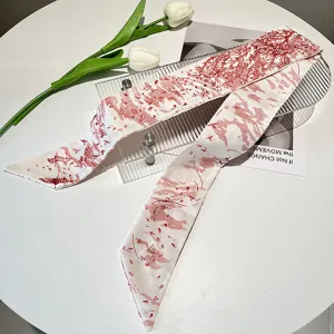 French vintage long silk ribbon scarf with red Toile de Jouy print for hair styling