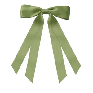 Elegant large sage green ribbon bow hair clip with long flowing streamers for women