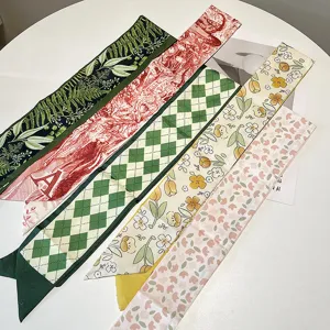 Elegant vintage French style silk hair ribbon skinny scarf for women in various patterns