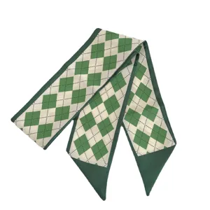Vintage French style green Argyle diamond print skinny silk hair ribbon scarf for women