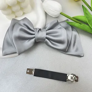 Detailed macro view showing the smooth grey satin texture and the back metal spring clip
