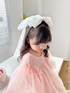 Close-up detail of girl's white bow hair clip with elegant mesh veil accessory