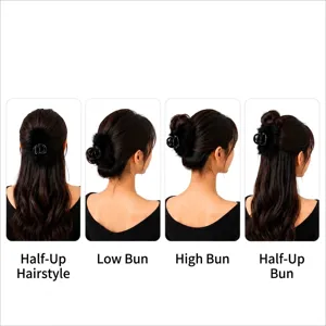 Black faux fur claw clip demonstrating 4 different hairstyles on a model