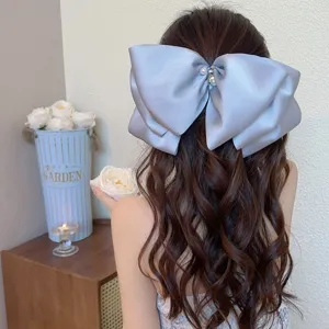 Elegant Oversized Pearly Satin French Bow Hair Clip With Artificial Pearl Rhinestone Barrette For Women Daily Party Decoration