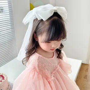 Elegant white bow headpiece with long mesh veil for little girls princess party dress