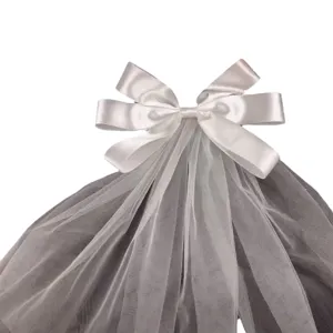 White satin bow hair clip with mesh veil for girls princess wedding flower girl
