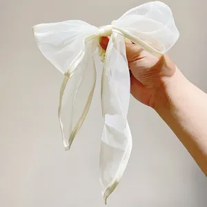 Gedetailleerd overzicht van een elegante witte organza strik haarelastiek vastgehouden