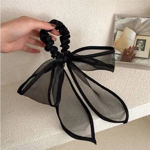 Elegante Organza Strik Haarelastiekje Japanse Koreaanse Stijl Gaas Haartouw Eenvoudige Grote Bowknot Scrunchies Met Slingers Vrouwen