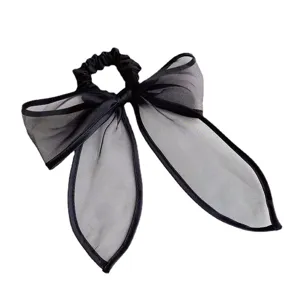 Elegante zwarte organza strik haarelastiekje met doorschijnende mesh stof en elastiek