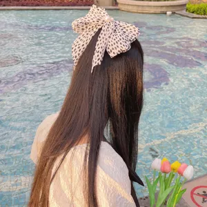 Vue détaillée d'une pince à cheveux en mousseline plissée avec perles dans un décor de coucher de soleil