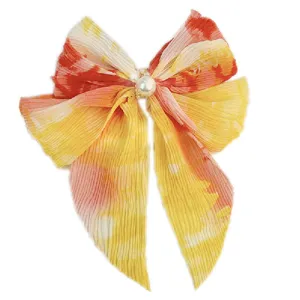 Barrette nœud en mousseline plissée dégradé coucher de soleil avec perles pour filles