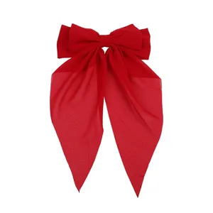 Elegant large red chiffon bow hair clip with long streamers and a metal spring clip