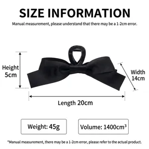 Black ribbon bow hair claw clip with dimensions 20cm length and 14cm width