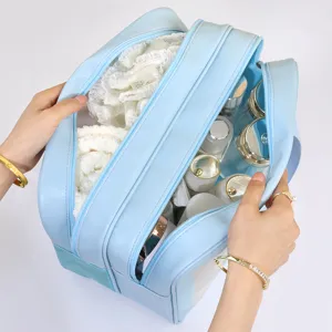 Large capacity travel toiletry bag with dry wet separation, portable cosmetic storage organizer.