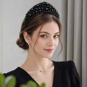 Elegante cerchietto imbottito con perle nere per donne in stile vintage retrò