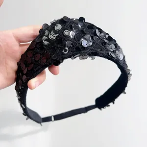 Detailed macro view of black sequined vintage crown headband with adjustable strap