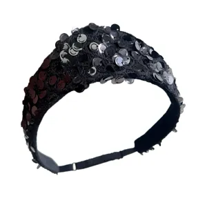 Vintage black sequin crown headband with adjustable elastic strap for women