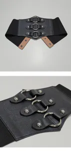 Women wide elastic belt PU leather corset waist cincher with metal rings and rivets.