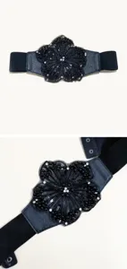 Black elastic waist belt with beaded rhinestone flower decor, elegant dress wide cinch belt.
