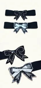 Women elastic waist belt with rhinestone sequin bow decoration, black wide cinch dress belt detail.