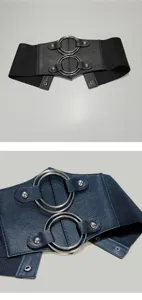 Women fashion wide elastic waist belt black corset belt with double metal rings rivet detail view