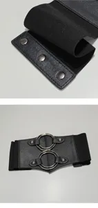 Details of the black elastic wide waist belt with metal rings and rivets for stylish women.