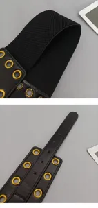Detailansicht des breiten Damen Taillengürtels in Schwarz mit goldenen Ösen und PU-Leder.