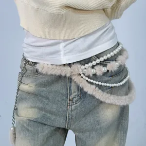 Chaîne de Taille en Perles pour Femmes Multicouche Fausse Fourrure Ceinture Y2K Mode Robe Pull Jeans Bijou de Corps en Métal