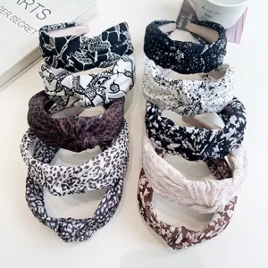 Women Vintage Cloth Wide Knot Headband Ink Floral Leopard Print High Crown Hair Hoop Elegant Fashion Hair Accessories