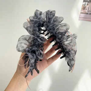 Barrette banane romantique en tulle léopard avec rubans roses élégants