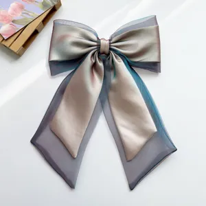 Detailed macro shot of an iridescent organza bow hair clip with flowing long streamers