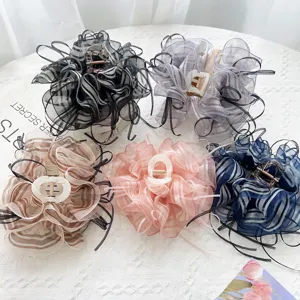 Elegant Striped Mesh Bow Hair Claw Clip For Women Large Pleated Organza Shark Clip Fresh Style Hair Accessories For Party Daily