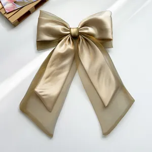 Elegant champagne organza and satin bow hair clip detail with long flowing streamers