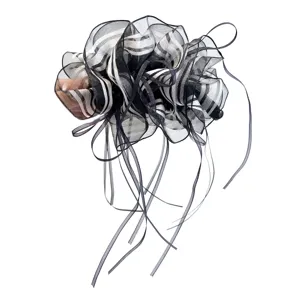 Elegant black and white striped organza banana hair clip with long flowing ribbons