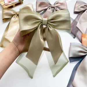 Elegant Iridescent Organza Bow Hair Clip For Women Long Ribbon Mesh Spring Clip Fairy Hair Accessories Ponytail Holder