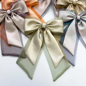 Macro view of iridescent organza bow hair clips in various elegant colors and styles