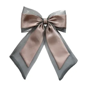 Elegant champagne and grey organza bow hair clip with flowing streamers for women