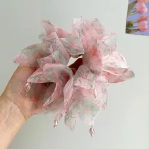 Elastico per capelli floreale con perle di cristallo rosa e stampa fiori di ciliegio