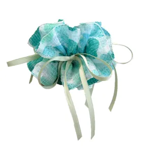 Forest style floral print scrunchie with light green bow ribbon hair tie