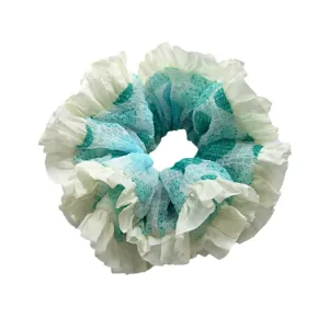 Sweet candy-colored mesh scrunchie with pleated lace edges for women