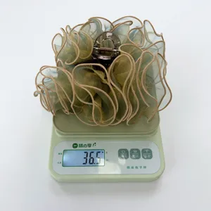 Close-up detail of shimmering mesh hair claw clip showing a weight of 36.5g on a scale