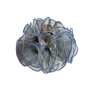 Large grey mesh organza hair claw clip with blue piping for elegant hairstyling