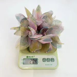 Dettaglio macro di un elastico per capelli floreale che pesa 20,4 g su una bilancia.